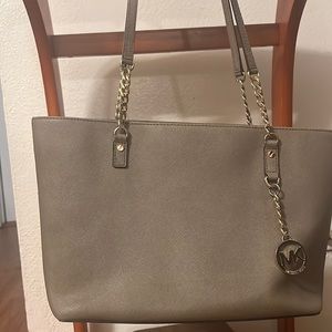 Large Michael Kors Gray Leather Purse with Arm and Hand Strap